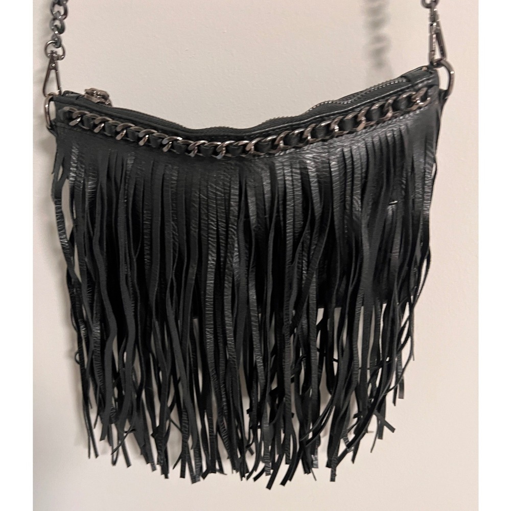 MMS Black Fringe Crossbody Bag Small Faux Leather Gunmetal Chain Boho Rockstar